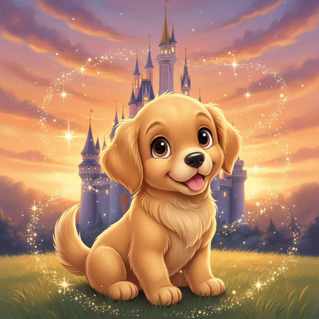 Golden retriever with magical castle