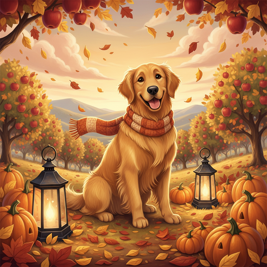 Disney-style golden retriever in cozy autumn scene with pumpkins and leaves