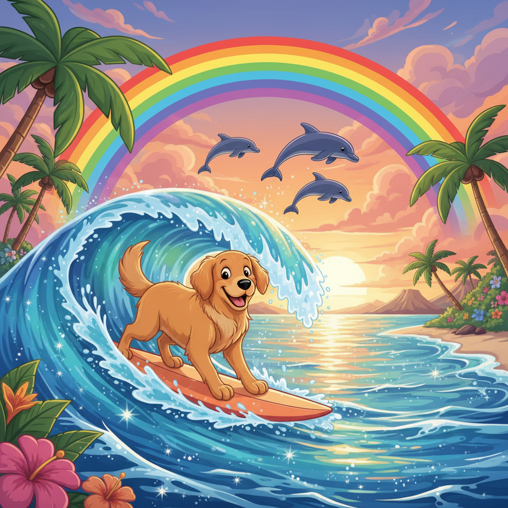 Disney-style golden retriever surfing magical wave at sunset with dolphins