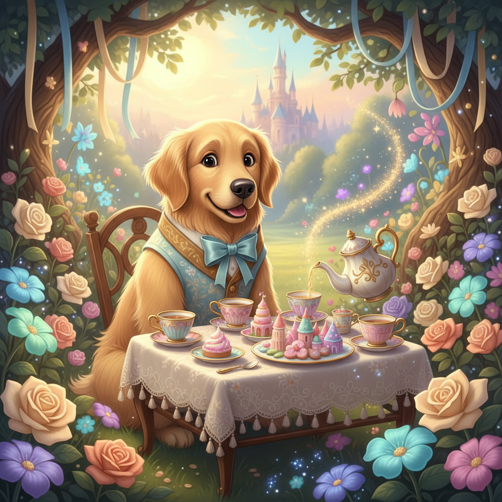 Disney-style golden retriever at magical garden tea party