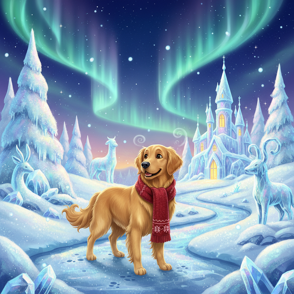 Disney-style golden retriever in magical winter wonderland with northern lights