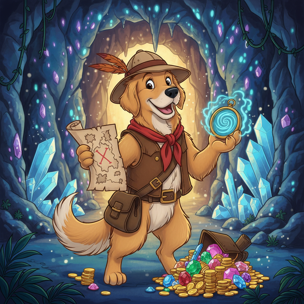 Disney-style golden retriever explorer with treasure map and gems