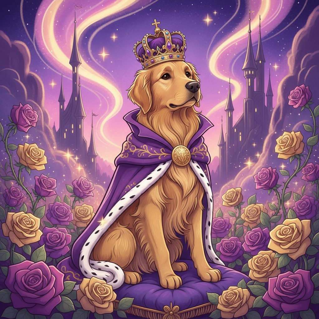 Regal Disney-style golden retriever wearing prince crown with roses