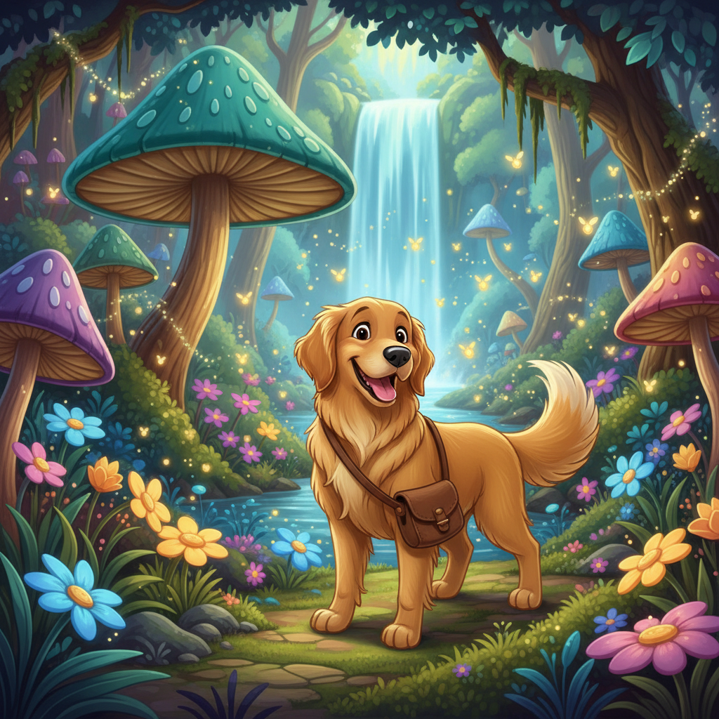 Disney-style golden retriever in magical forest with fireflies