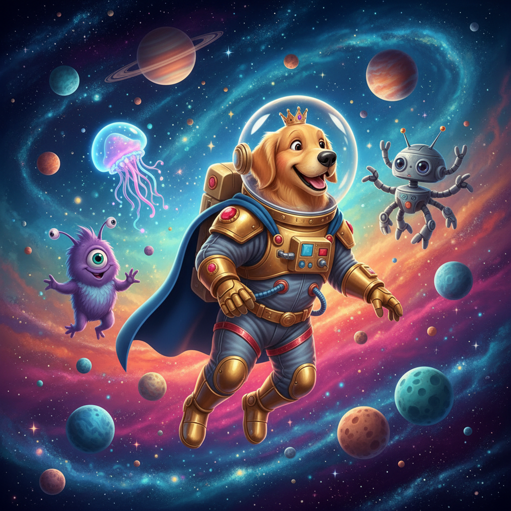 Disney-style golden retriever astronaut floating among planets and stars