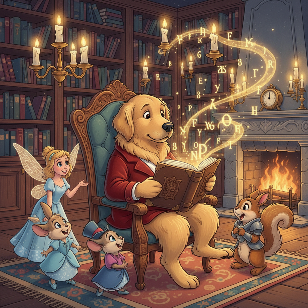 Disney-style golden retriever reading magical storybook with glowing letters