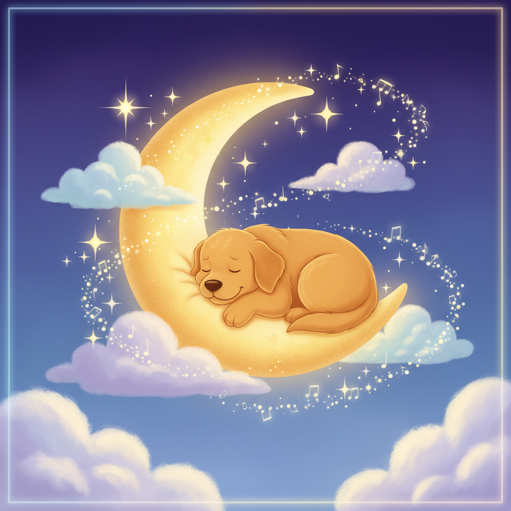 Disney-style golden retriever sleeping on crescent moon with stars
