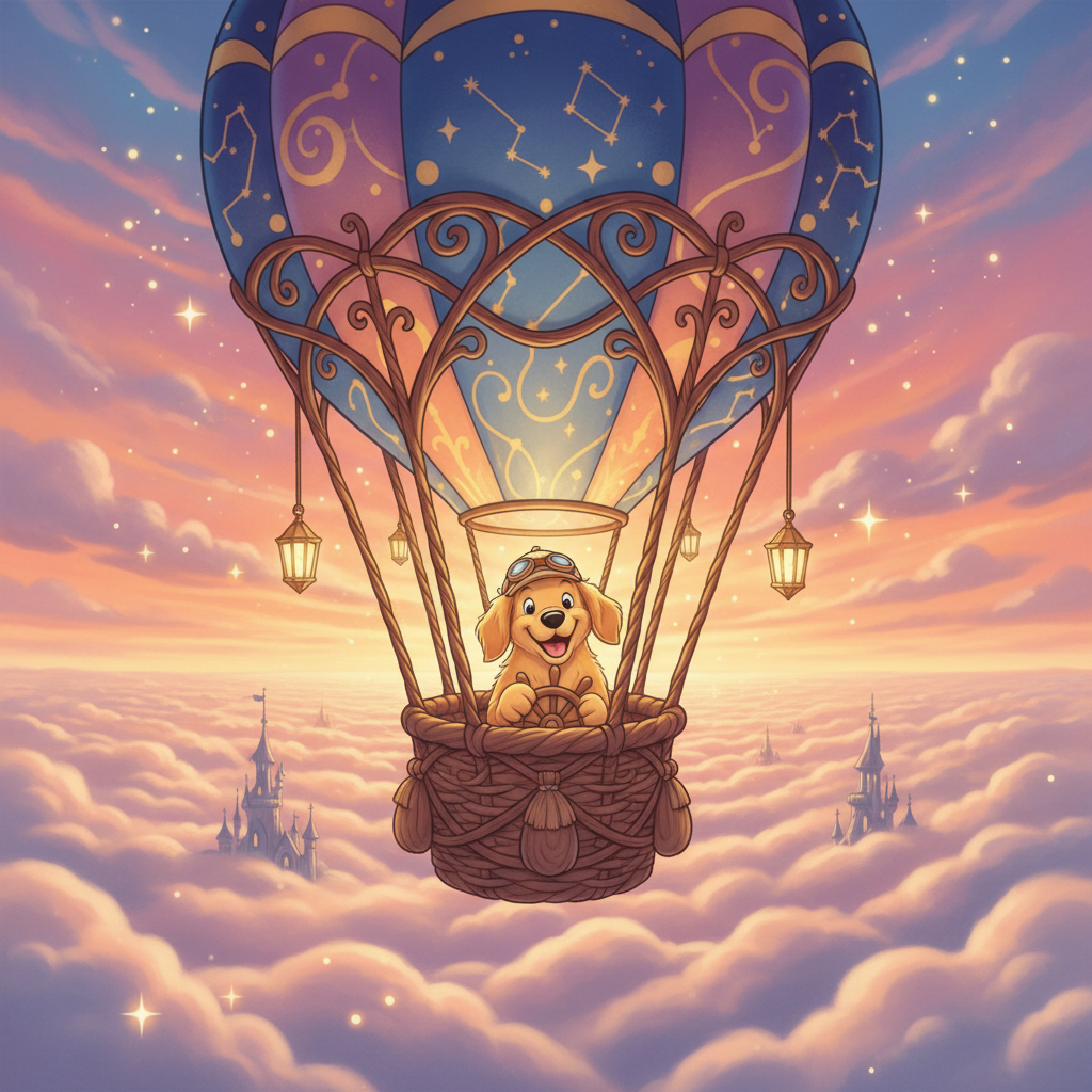 Disney-style golden retriever on magical hot air balloon with stars