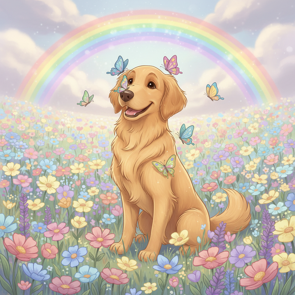 Disney-style golden retriever with butterflies in wildflower field