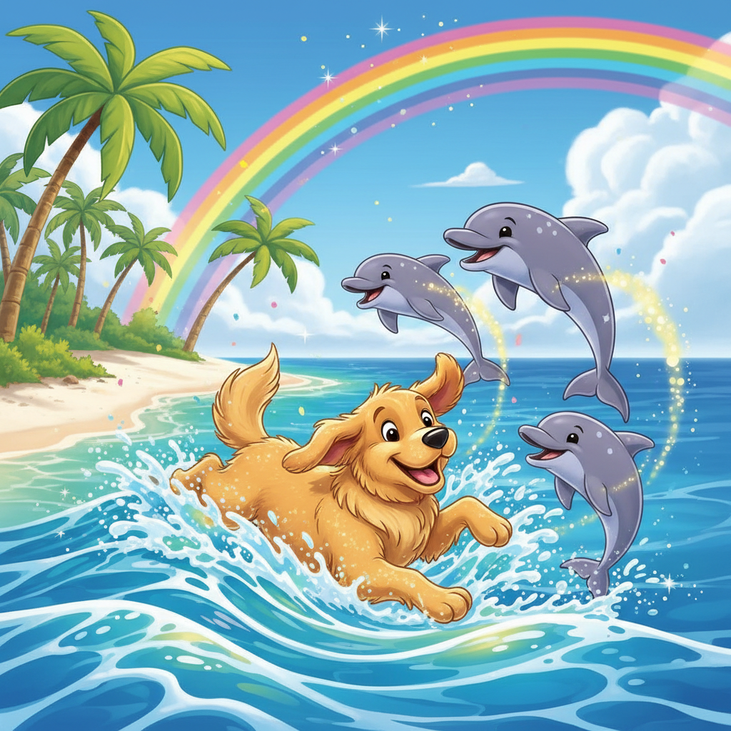 Disney-style golden retriever playing with dolphins in tropical ocean